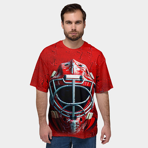 Мужская футболка оверсайз Маска голкипера на красном / 3D-принт – фото 3