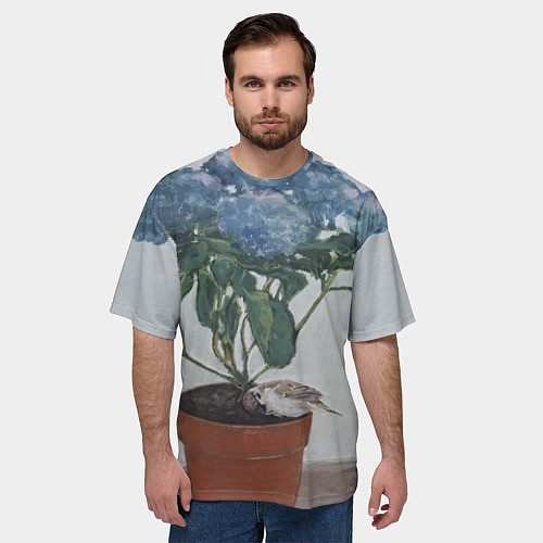 Мужская футболка оверсайз Спящий воробушек на гортензии / 3D-принт – фото 3