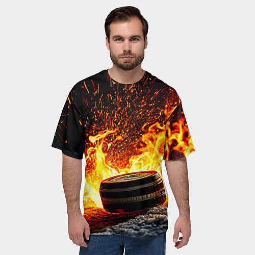 Мужская футболка оверсайз Шайба в огне / 3D-принт – фото 3