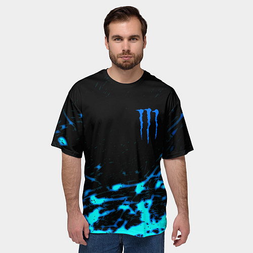 Мужская футболка оверсайз Monster energy голубые краски / 3D-принт – фото 3