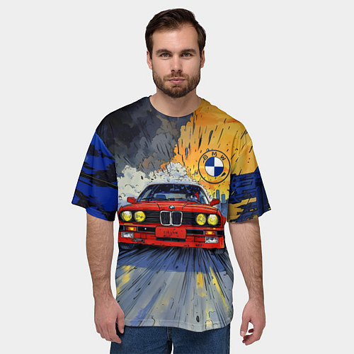 Мужская футболка оверсайз Красная BMW на скорости / 3D-принт – фото 3