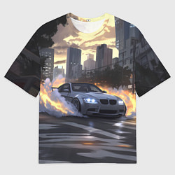 Футболка оверсайз мужская БМВ в вечернем городе, цвет: 3D-принт