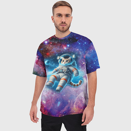 Мужская футболка оверсайз The cat is a brave cosmonaut - ai art / 3D-принт – фото 3