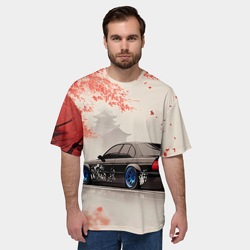 Мужская футболка оверсайз Черная БМВ и сакура / 3D-принт – фото 3