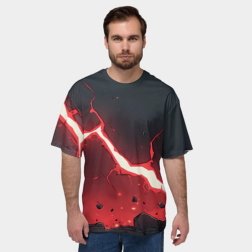 Мужская футболка оверсайз Красная молния на черной текстуре / 3D-принт – фото 3