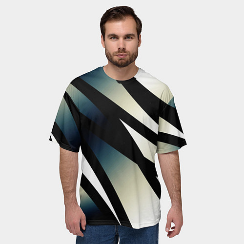 Мужская футболка оверсайз Чёрно-белый с синим затемнением полосы / 3D-принт – фото 3