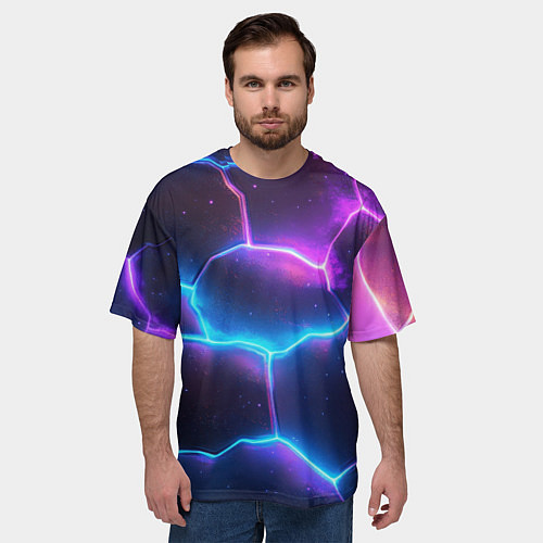 Мужская футболка оверсайз Синие и фиолетовые молнии в разломе / 3D-принт – фото 3