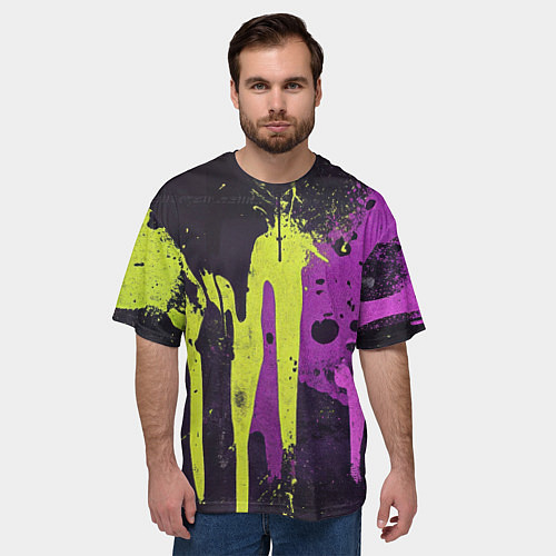 Мужская футболка оверсайз Желтая и фиолетовая краска на черном / 3D-принт – фото 3
