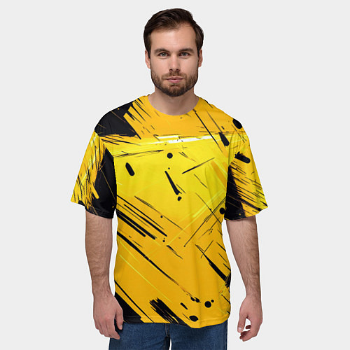 Мужская футболка оверсайз Желтая краска на черном фоне / 3D-принт – фото 3