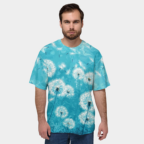 Мужская футболка оверсайз Белые одуванчики на бирюзовом фоне / 3D-принт – фото 3