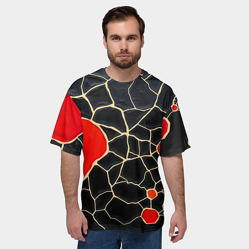 Мужская футболка оверсайз Красная абстракция на черном лаке / 3D-принт – фото 3