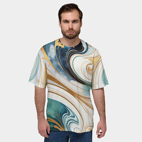 Мужская футболка оверсайз Аквамарин и оранж узор с завитками / 3D-принт – фото 3