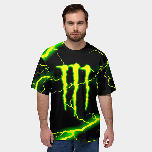 Мужская футболка оверсайз Monster energy зелёные молнии / 3D-принт – фото 3