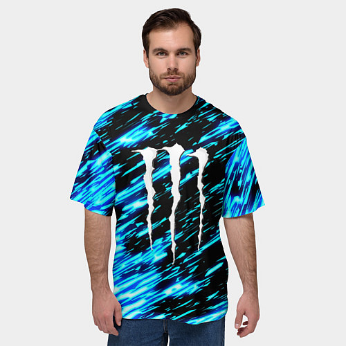 Мужская футболка оверсайз Monster energy штрихи голубых неоновых красок / 3D-принт – фото 3