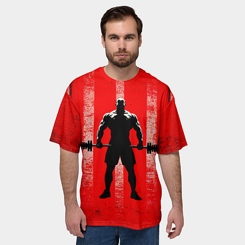 Мужская футболка оверсайз Пауэрлифтер на красном / 3D-принт – фото 3