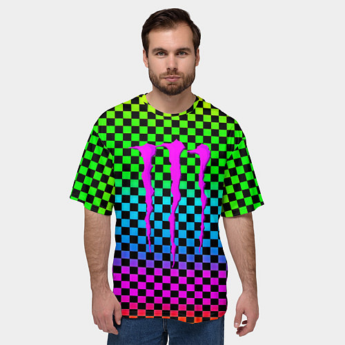 Мужская футболка оверсайз Monster energy неоновая клетка / 3D-принт – фото 3