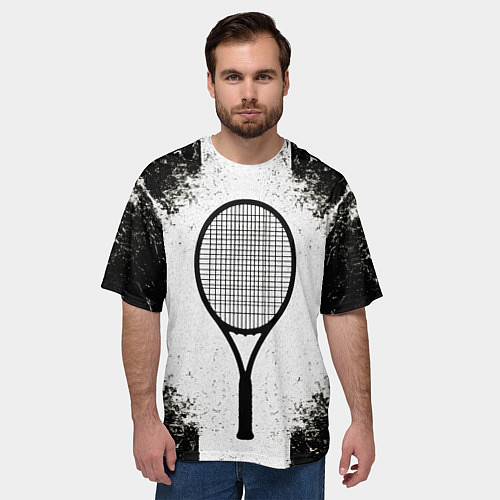 Мужская футболка оверсайз Теннисная ракетка в черно-белом / 3D-принт – фото 3