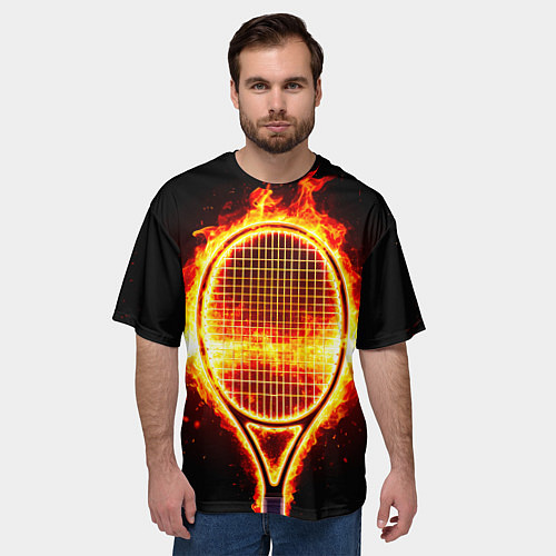 Мужская футболка оверсайз Теннисная ракетка в огне / 3D-принт – фото 3
