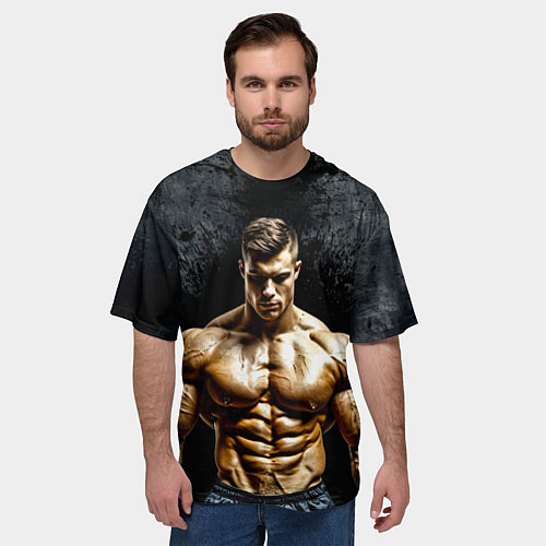 Мужская футболка оверсайз Бодибилдер на черном / 3D-принт – фото 3