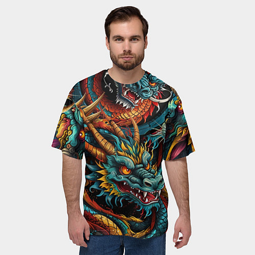 Мужская футболка оверсайз Татуировка дракона ирезуми / 3D-принт – фото 3