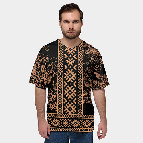 Мужская футболка оверсайз Золотой дракон с узорами славянскими / 3D-принт – фото 3