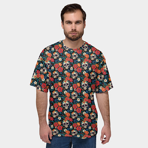 Мужская футболка оверсайз Черепа и цветы Santa Muerte / 3D-принт – фото 3