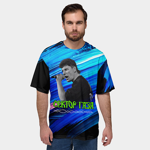 Мужская футболка оверсайз Юрий Хой синий фон красками / 3D-принт – фото 3
