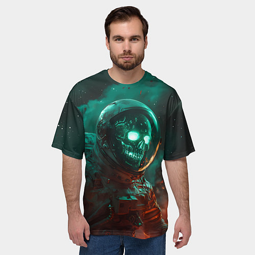 Мужская футболка оверсайз Неоновый череп в скафандре космонавта / 3D-принт – фото 3