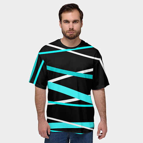 Мужская футболка оверсайз Чёрный с бело-голубыми полосами / 3D-принт – фото 3