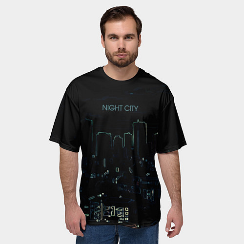 Мужская футболка оверсайз Night city чёрный стилизованный / 3D-принт – фото 3