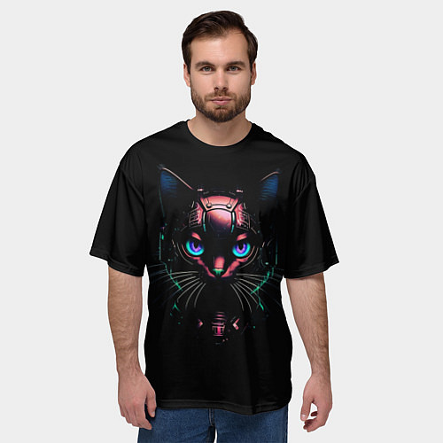 Мужская футболка оверсайз Cyber cat неоновые глаза / 3D-принт – фото 3