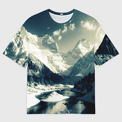 Футболка оверсайз мужская Река и горы снежные пейзаж, цвет: 3D-принт