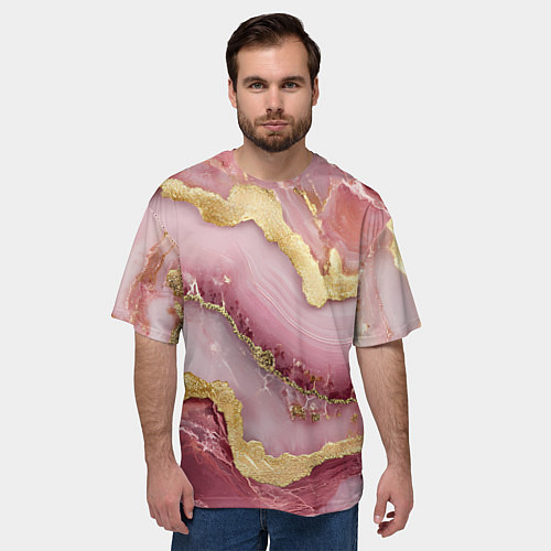 Мужская футболка оверсайз Объемная текстура розовая с золотом / 3D-принт – фото 3