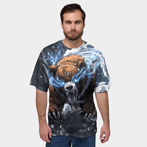 Мужская футболка оверсайз Медведь в молниях и облаках / 3D-принт – фото 3