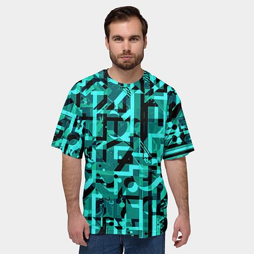 Мужская футболка оверсайз Неоновый голубой объёмный эффект / 3D-принт – фото 3