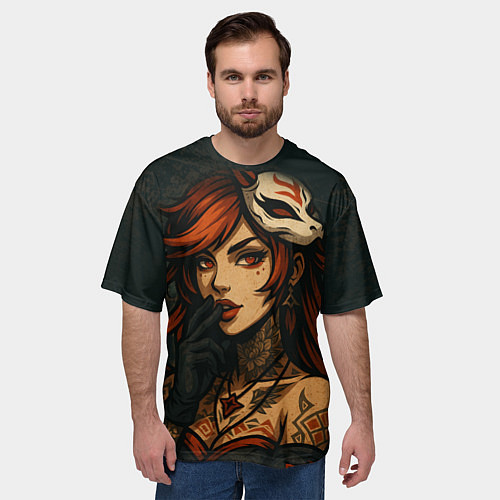 Мужская футболка оверсайз Рыжая девушка с маской лисы дерзкий стиль / 3D-принт – фото 3