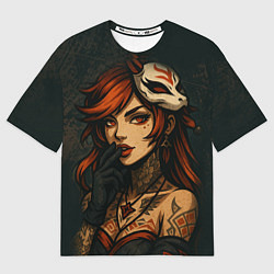 Футболка оверсайз мужская Рыжая девушка с маской лисы дерзкий стиль, цвет: 3D-принт