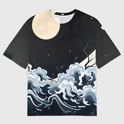 Футболка оверсайз мужская Японские волны и луна, цвет: 3D-принт