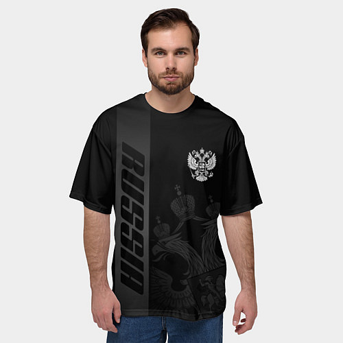 Мужская футболка оверсайз Герб России - черный монохром / 3D-принт – фото 3