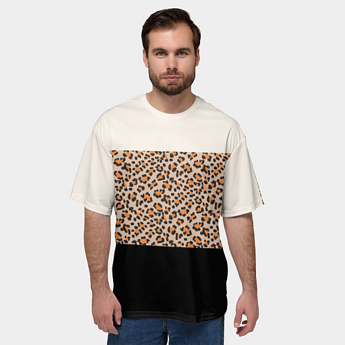 Мужская футболка оверсайз Леопардовый паттерн с черной и бежевой полосой / 3D-принт – фото 3