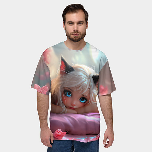 Мужская футболка оверсайз Девушка кошечка с голубыми глазами / 3D-принт – фото 3
