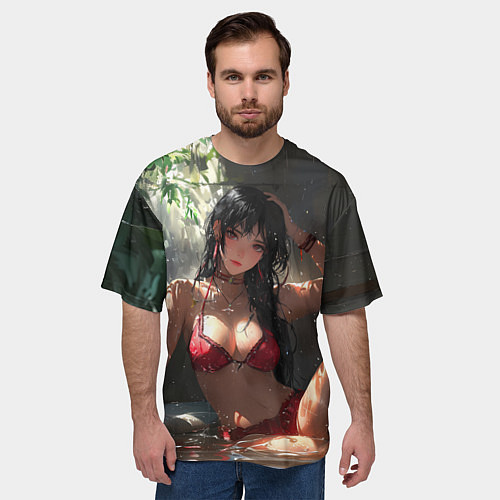 Мужская футболка оверсайз Брюнетка в воде под дождем / 3D-принт – фото 3