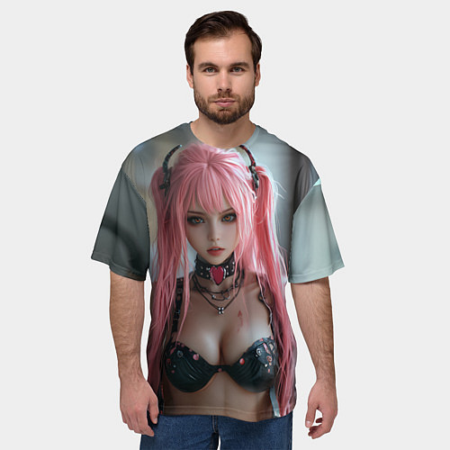 Мужская футболка оверсайз Девушка с розовыми волосами в наушниках / 3D-принт – фото 3
