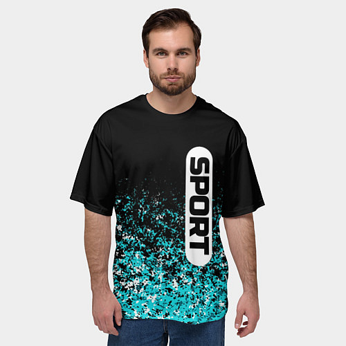 Мужская футболка оверсайз Sport чёрно-голубой пятнистый / 3D-принт – фото 3