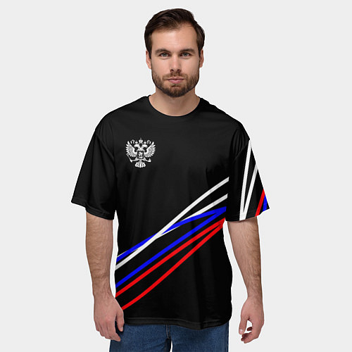 Мужская футболка оверсайз Герб и полосы цветов флага на чёрном / 3D-принт – фото 3