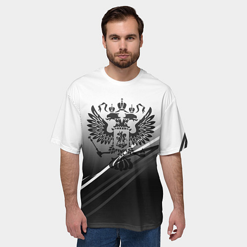 Мужская футболка оверсайз Герб России градиент в полосами серый / 3D-принт – фото 3