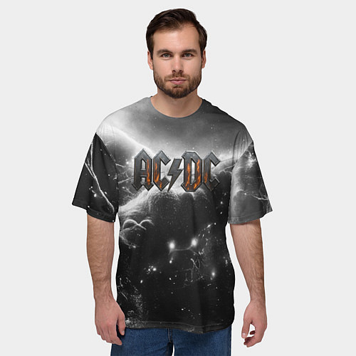Мужская футболка оверсайз ACDC металлический лого черно-белая текстура / 3D-принт – фото 3