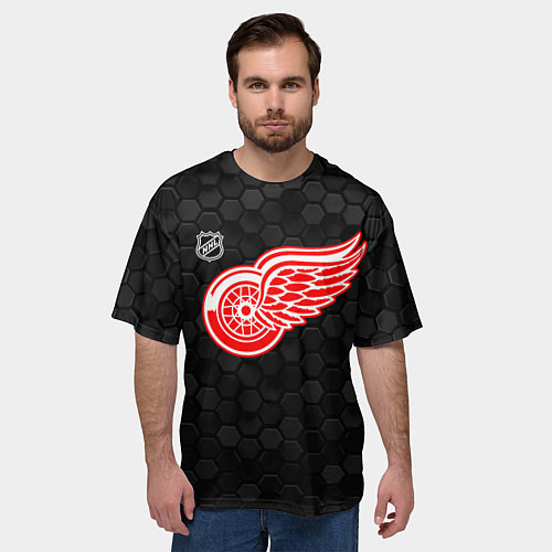 Мужская футболка оверсайз Детройт Ред Уингз - черные соты / 3D-принт – фото 3