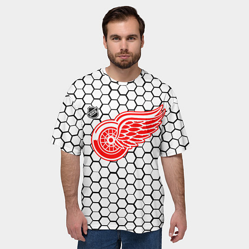 Мужская футболка оверсайз Детройт Ред Уингз - белые соты / 3D-принт – фото 3