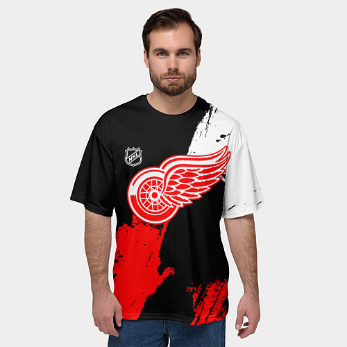 Мужская футболка оверсайз Детройт Ред Уингз - брызги краска на черном фоне / 3D-принт – фото 3